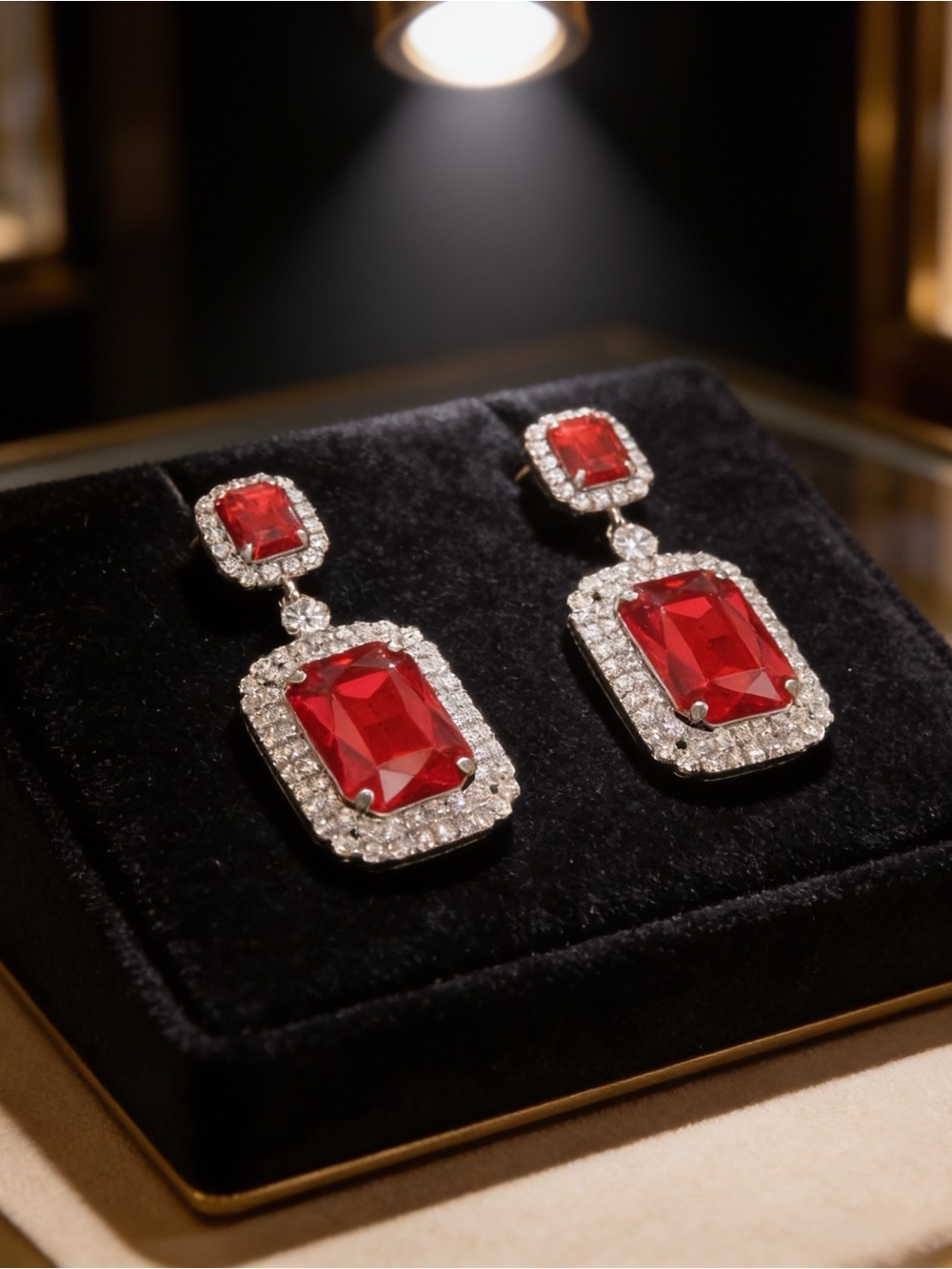 Geometric Ruby Red Double-Halo Drop Earrings – Silver-Tone Statement Earrings